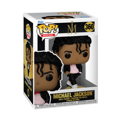 Figura Funko Pop! Michael Jackson vestindo casaco preto e camisa rosa na caixa.