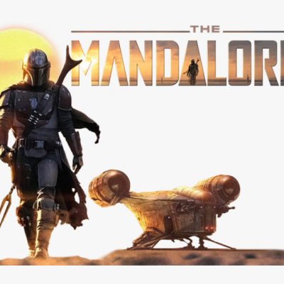 Personagem com armadura metálica e uma nave amarela sob o sol com texto THE MANDALORIAN