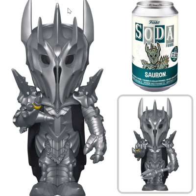 Figura colecionável Sauron Funko Soda em embalagem lata com figura metálica e capa preta