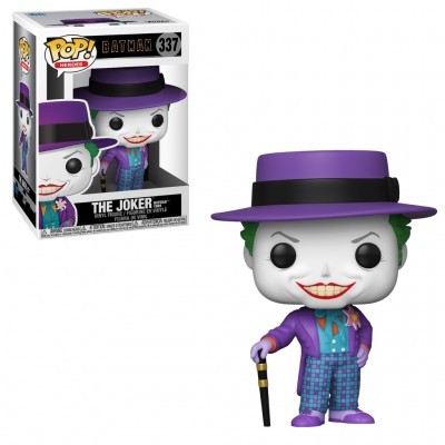 Figura Funko Pop do The Joker com roupa roxa e azul ao lado da caixa