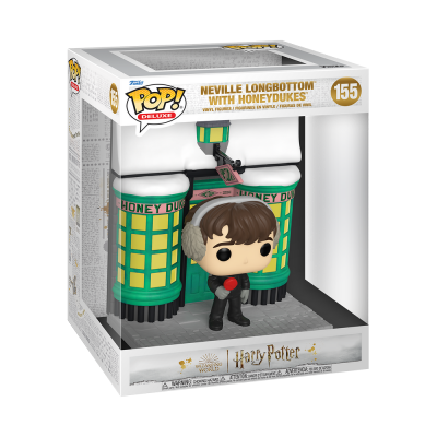 Figura Funko Pop de Neville Longbottom com cenário Honeydukes da Harry Potter na embalagem.