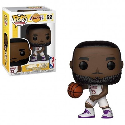 Figura Funko Pop! de LeBron James com jersey branco dos Lakers e bola de basquetebol