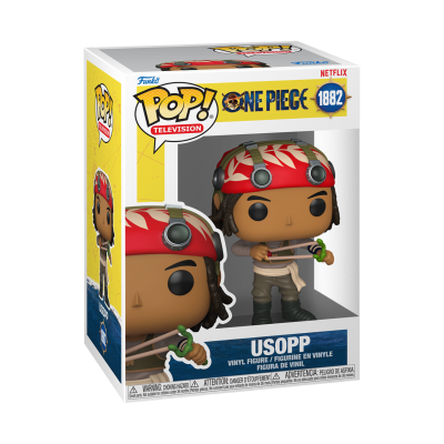 Embalagem de Funko Pop! Usopp de One Piece com personagem segurando estilingue e bandana vermelha.