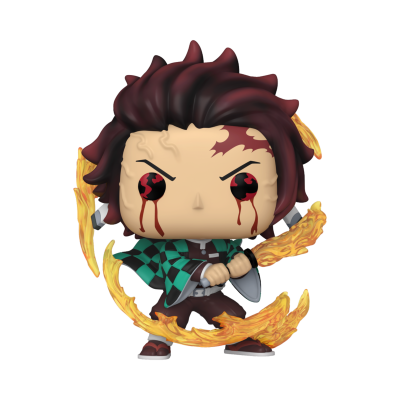 Figura Funko Pop do personagem Tanjiro Kamado segurando espada em chamas