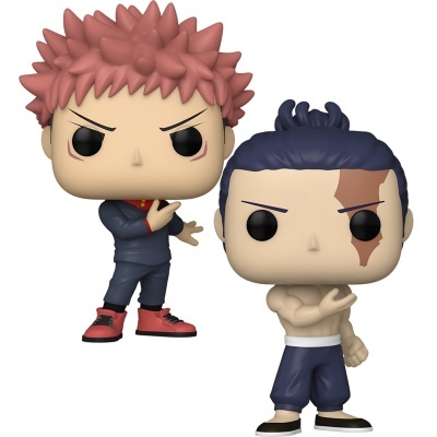 Dois bonecos colecionáveis estilo Funko Pop com cabelos rosa e azul, roupas e expressões distintas