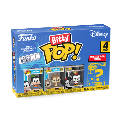 Caixa azul da Funko Bitty Pop! Disney com 4 figuras, incluindo surpresa