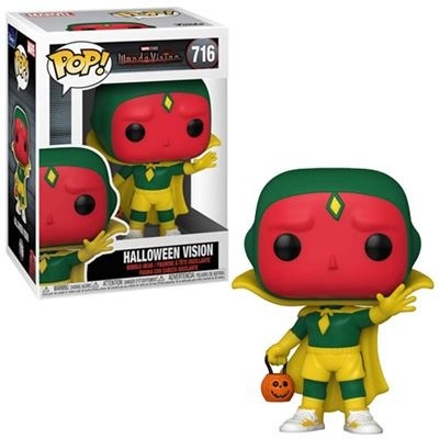 Figura Pop! Halloween Vision da série WandaVision com máscara vermelha e fato amarelo e verde, segurando saco de Halloween laranja.