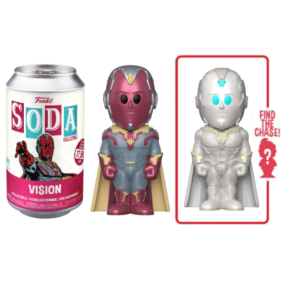 Figura colecionável Funko Soda do Vision com lata e versão rara prateada.