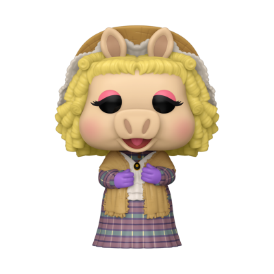 Figura Funko Pop da personagem Miss Piggy com vestido xadrez roxo e chapéu bege
