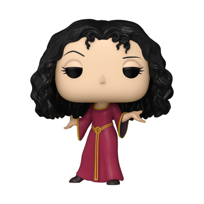 Figura colecionável tipo Funko Pop com vestido longo vermelho e cabelo preto encaracolado