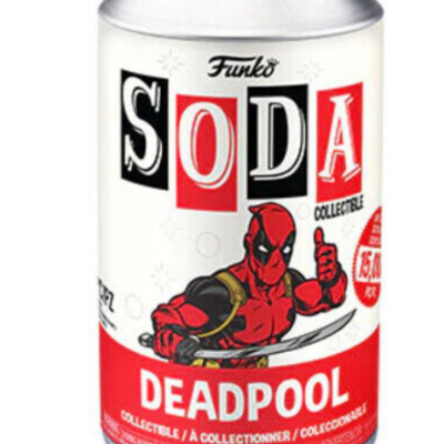 Lata Funko SODA colecionável Deadpool branca e vermelha com imagem do personagem e texto