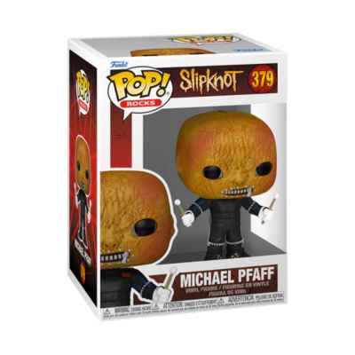 Figura colecionável Funko Pop! Rocks Michael Pfaff em vinil com roupa preta e cabeça texturizada dentro da embalagem