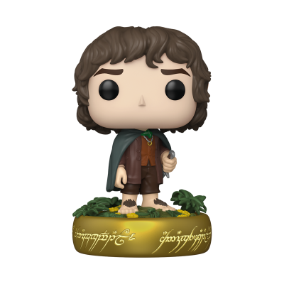 Figura colecionável de hobbit em base dourada com inscrições e vegetação.