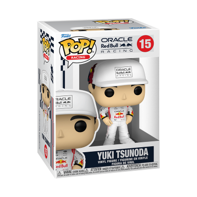 Boneco Funko Pop Yuki Tsunoda com fato de corrida branco dentro da caixa da coleção Racing