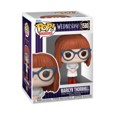 Figura Funko Pop! Marilyn Thornhill da série Wednesday com vestido branco e óculos azuis