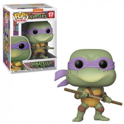 Figura Funko Pop Donatello das Tartarugas Ninja com máscara roxa e bastão, embalagem atrás.