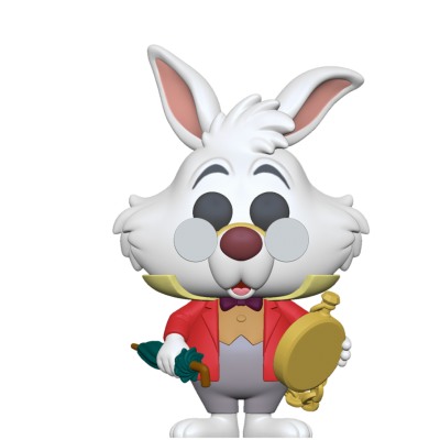 Figura colecionável do Coelho Branco com casaco vermelho e relógio de bolso dourado