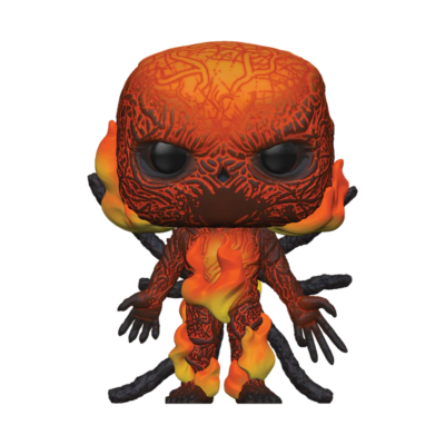 Figura colecionável Funko Pop vermelha com chamas e múltiplos braços pretos e flamejantes