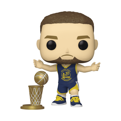 Figura Funko Pop de jogador de basquetebol em uniforme dos Golden State Warriors com troféu dourado