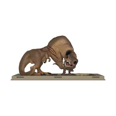 Figura estilizada de dinossauro T-Rex castanho com base cinza