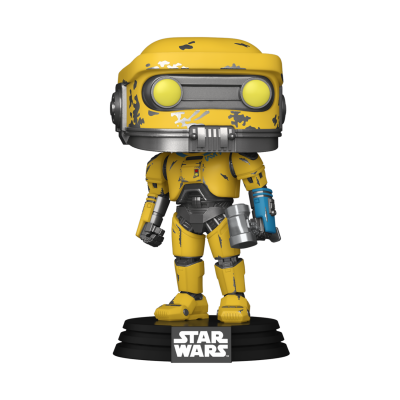 Figura Funko Pop amarela de Star Wars sobre base preta com logótipo