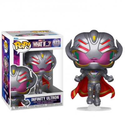Figura Funko Pop! Infinity Ultron com capacete prateado e capa vermelha em caixa de vidro