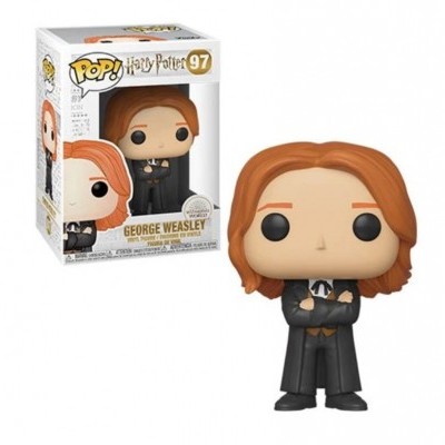 Boneco Funko Pop de George Weasley com cabelo laranja e roupa preta junto à sua caixa.