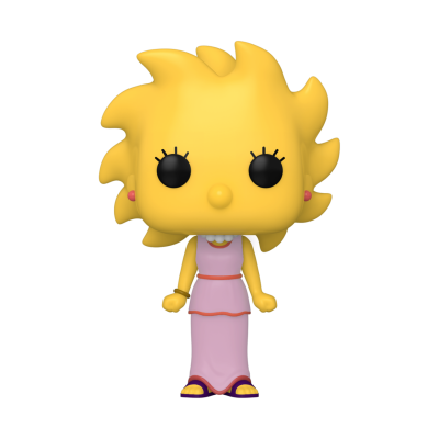 Figura Funko Pop personagem feminina com vestido rosa e cabelo amarelo