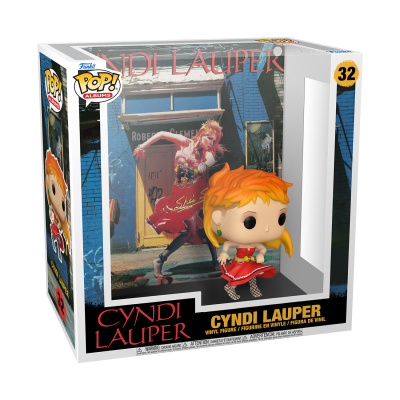 Figura Funko Pop! Cyndi Lauper nº 32 com cabelo laranja e vestido vermelho na caixa