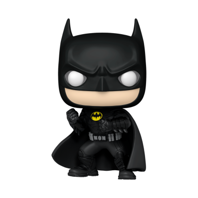 Figura Funko Pop Batman preto com capa e símbolo amarelo.