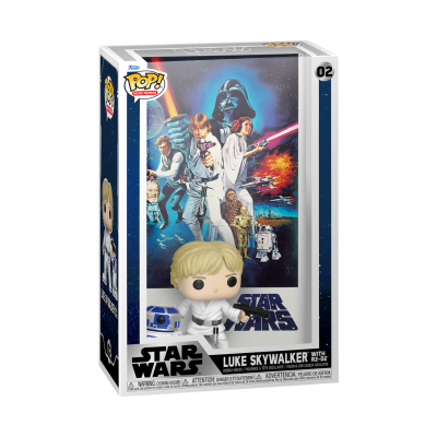 Funko Pop Luke Skywalker Star Wars na caixa com ilustrações coloridas