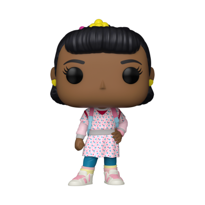Figura Funko Pop menina com vestido cor-de-rosa e cabelos pretos
