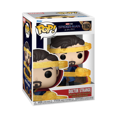 Funko Pop Doctor Strange com capa azul e vermelho, detalhes dourados, dentro da caixa