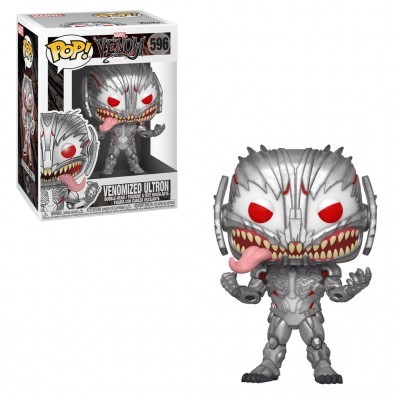 Figura Pop! Venomized Ultron em vinil cinzento metálico com olhos vermelhos e língua rosa, ao lado da caixa com o produto