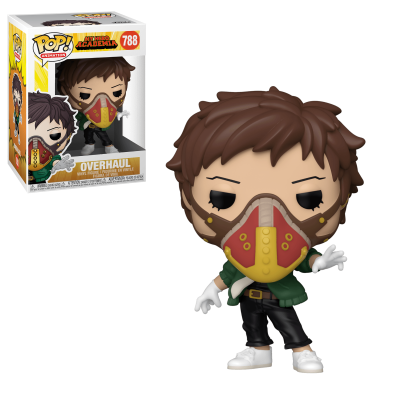 Figura Funko Pop! Overhaul de My Hero Academia com máscara, roupa verde e preta ao lado da caixa