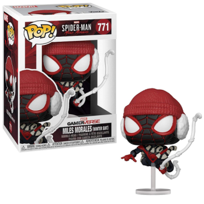 Funko Pop! Spider-Man Miles Morales Winter Suit vinyl com fato preto e vermelho numa embalagem branca com vermelho e preto.
