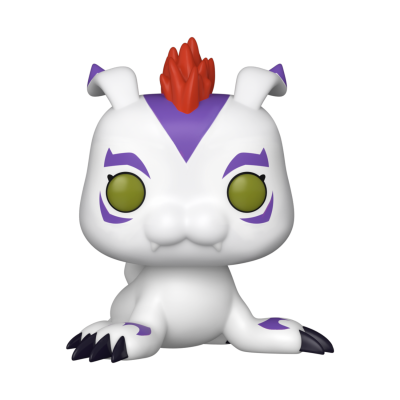 Figura colecionável estilo Funko Pop de animal branco com detalhes roxos e crista vermelha