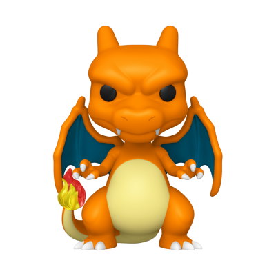 Funko Pop de Charizard laranja com asas azuis e chama na cauda
