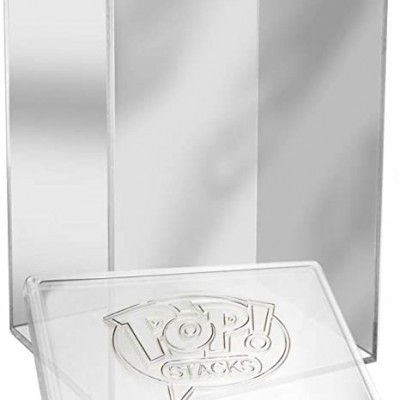 Caixa transparente de plástico rígido com tampa removível e texto POP! STACKS em relevo