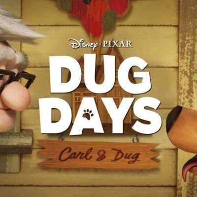 Cartaz do filme animado DUG DAYS com um homem idoso e um cão castanho frente a frente