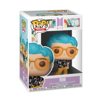 Figura vinyl POP! ROCKS BTS RM nº 218 com cabelo azul e óculos amarelos