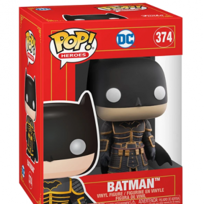 Figura de vinil Pop do Batman em caixa vermelha com logotipos Pop!, DC e número 374