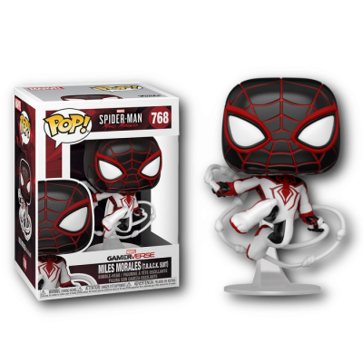 Funko Pop! Miles Morales fato S.B.A.C.K. preto, branco e vermelho com olhos brancos e caixa