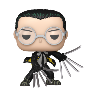 Figura colecionável de personagem com óculos e lâminas curvas nas mãos