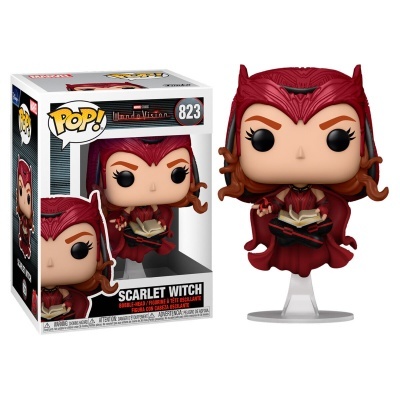 Figura Funko Pop Scarlet Witch com vestido vermelho e livro, ao lado da caixa do produto.