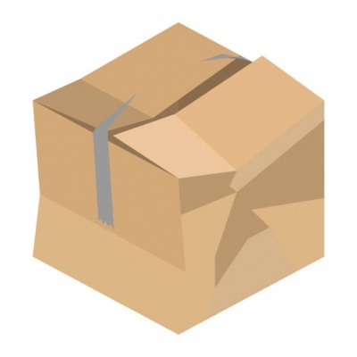 caixa de cartão castanha com fita adesiva cinza e amassada