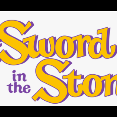 Logotipo do filme The Sword in the Stone em amarelo e roxo
