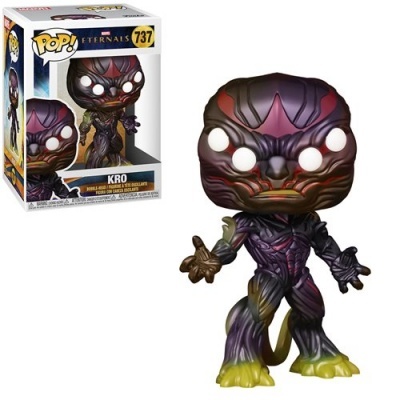 Figura Funko Pop! Kro do filme Eternals, com corpo roxo, vermelho e amarelo, olhos brancos e caixa branca ao fundo