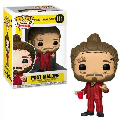 Figura Pop! vinil Post Malone número 111 com fato vermelho e copo vermelho ao lado da caixa