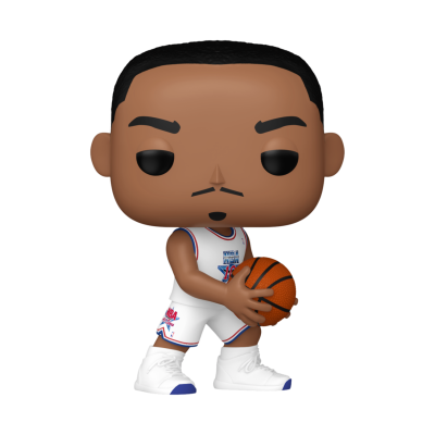 Figura de vinil de jogador de basquetebol com uniforme branco e bola laranja